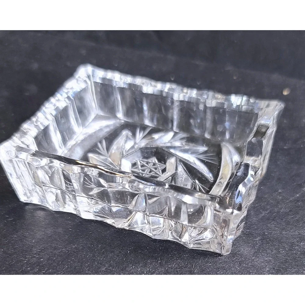 Mini Rectangular Ashtray Vintage Cut Crystal Trinket Dish Pinwheel Star Catchall